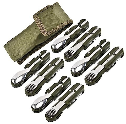 Couteau pliant multifonctionnel pliable et détachable kit de voyage de camping multifonctionnel en acier inoxydable vaisselle de pique-nique (8 pieces)
