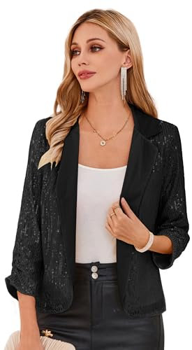 GRACE KARIN Damen Business Casual Cropped Blazerjacke Offene Blazer 3/4 Ärmel kurz Leicht Jacke Mantel Strickjacke Cardigan L Schwarz-Pailletten CL2577A23-01