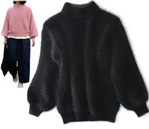 Maglione caldo sciolto in misto cashmere d'angora invernale, tinta unita girocollo lavorato a maglia maglione maglione soffice in peluche, Nero , Taglia unica