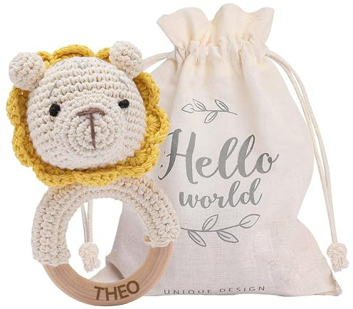 Youuys Juguete Sonajero de Madera Personalizado, Con Sonido, Mordedor de Ganchillo, Juguetes para la dentición del bebé, Juguetes de Animales Blandos, Regalo para Bebés Niños (León)