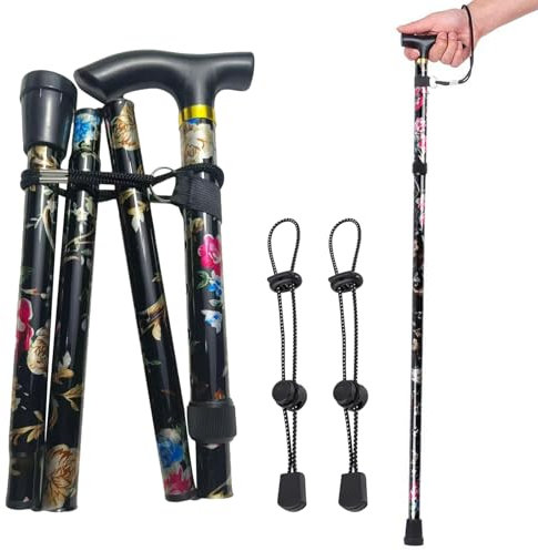 DKDDSSS Bastone Pieghevole da Passeggio, Bastone per Anziani, Regolabile, Canna Leggero, Bastoni Trekking, Motivo a Fiori