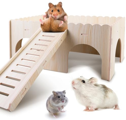 GOEDCH Casa grande para cobayas con rampa 4 entradas: casa de hámster de madera, accesorios para chinchilla, hámster, conejo, hurón, conejo, extraíble 34 x 24 x 18 cm