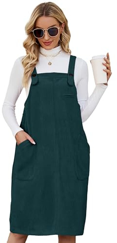 Flygo Damen Cordpullover Overall Latzhose Midikleid Rock mit Taschen, Dunkelgrün, Groß