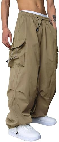 PADOLA Pantaloni Cargo Uomo a Gamba Larga Baggy Y2K Hiphop Streetwear Vita con Cordino Regolabile 4 Tasche Tessuto Traspirante e Asciugatura Rapida(XL,Cachi)