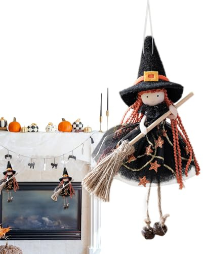 Muñeca Bruja de Cocina | Adorno Colgante Halloween Escoba Bruja,Figura Decoración Colgante para Ventana Cocina Jardín Hogar Pared