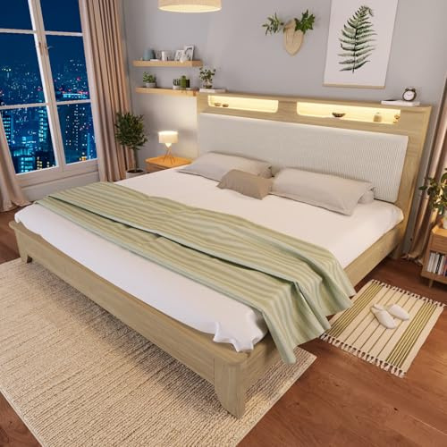 KOMHTOM Lit Double en Bois, Cadre de lit Plateforme Multifonctionnel, Éclairage LED, Tête de lit équipée d'un Dossier Rembourré en Velours Côtelé Beige(sans Matelas) (140 x 200CM)