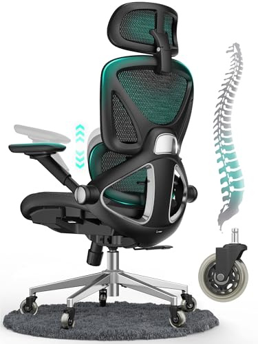 CAPOT Ergonomischer Bürostuhl aus Netzstoff, Verstellbarer Schreibtischstuhl mit hoher Rückenlehne, 180 kg, 4D-Klapparme, 3-stufige Neigungslehne, 3D-Kopfstütze, PU-Räder, drehbarer Computerstuhl für