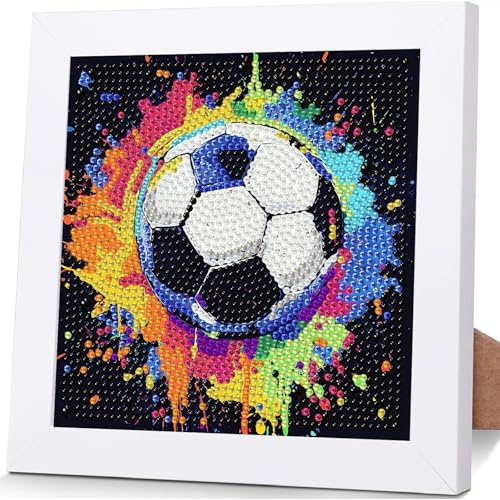 EOBROMD Fotboll diamantmålningsset, 5D gör-det-själv tecknad diamantmålning bilder, 15 x 15 cm duk och med 18 x 18 cm bildram för vuxna