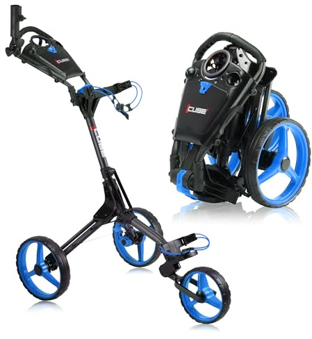 CUBE CART 3-Wheel Golf Push Cart – Ultra-Compact 14.5 lb Folding Golf Trolley, Two-Step Fold, Adjustable Handle, Foot Brake, Umbrella Holder & Built-in Storage - Charcoal/Blue