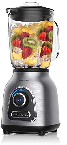 Arendo Standmixer Edelstahl 1400 Watt 24.000 U min inkl 1,75 l Glasbehälter Messbecher, kugelgelagertes Edelstahlmesser 6-flügelig, Crush, Smoothie, Impulsfunktion, 30 Leistungsstufen, 60 ml