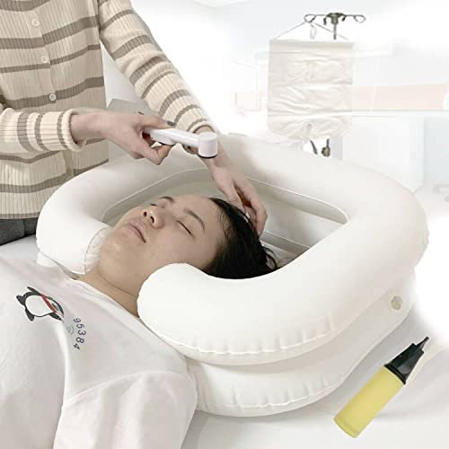 Bassin de lavage de cheveux pour lit gonflable - Aide au transport pour lit de bain relié au bassin de shampoing portable pour patient handicapé, âgé, patient alité, enceinte (Kit de 4)
