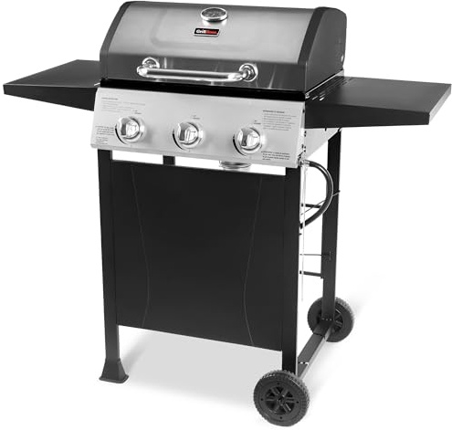 Grill Boss - Barbecue a gas propano a 3 fuochi per barbecue, con coperchio superiore, ruote e ripiani laterali, colore: nero