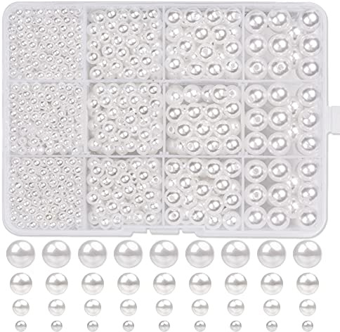 Zhenle 1 320 glaspärlor, vita plastpärlor, runda pärlor, vita imitationspärlor för smyckestillverkning, halsband, armband, smycken, hantverk (Ø 4, 6, 8, 10 mm)