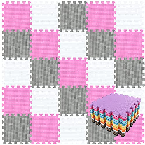 qqpp EVA Rubber 18 Tiles Interlocking Puzzle Foam Floor Mats - Baby Play Mat for Playing | Exercise Mat for Home Workout. White, Pink, Gray. QC-ACLb18N