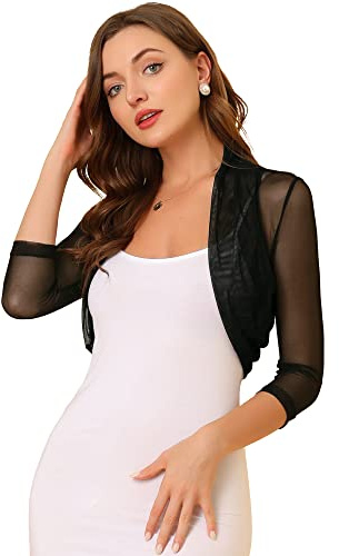 Allegra K Women's 3/4 Sleeve Sheer Mesh Shrug Open Front Cropped Bolero Cardigan Small Black