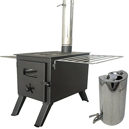 DWD ® Epping Camping Stove Set Portable Outdoor Log Wood Burner with Wing Racks, Stainless Steel Water Boiler Tank Stainless Steel Flue- Compact Camping (DWD-EP533 EPPING STOVE & 2L water heater)