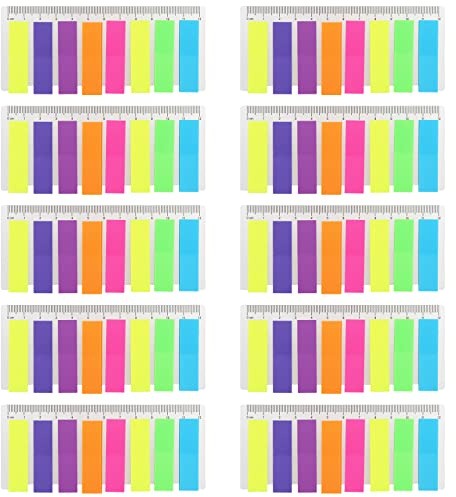 ZEONHEI Lot de 10 Marque Page Autocollant Transparent - Notes Adhésives en PET 45x12mm - 8 Couleurs - 2000 Feuilles avec Règle 12cm pour Livres Bureau Étude