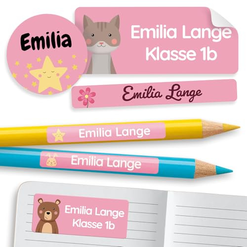 melu kids® Set Etiquetas Personalizadas para Objetos (60 piezas) - Pegatinas Personalizadas Nombre para Guardería, Impermeable y en Diferentes Tamaños - Rosa