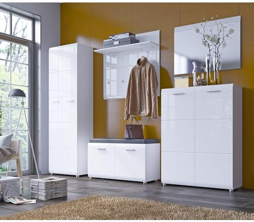 Lomadox Garderoben-Set 5-teilig mit Spiegel und Schuhbank weiß Hochglanz | Flurgarderobe im modernen Stil