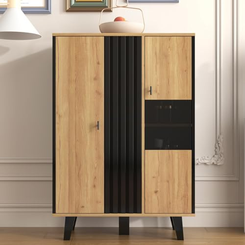 KOMHTOM Buffet noir et bois avec 4 grandes étagères, vitrine avec verre et lumières LED, armoire multifonction pour salon, chambre, couloir et salle à manger (A)