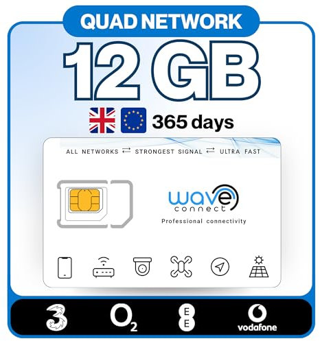 Wave Connect Quad Network Data Only SIM Card, Three, EE, O2, Vodafone, 4G LTE + 5G Prepaid, Activates On First Use, Includes UK, Ireland, EU, For Unlocked IoT Devices, Cameras (12GB | 12 Months)