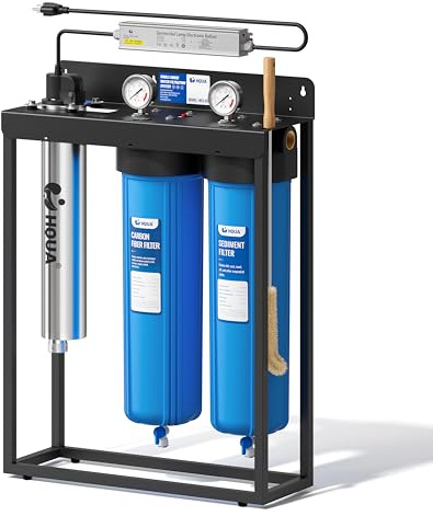 HQUA WF3-03 3-Stage Free-Standing Whole House Water Filtration System, UV Filter Included, Reduces Heavy Metals (Lead, Mercury, Copper, Nickel, Chromium), Chloramine, Sediment, Odor, and VOC’s