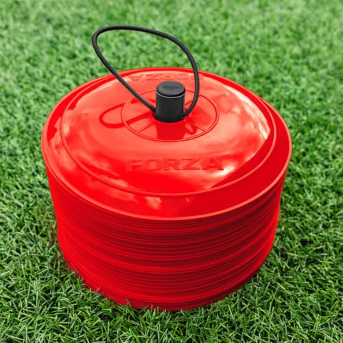 FORZA Nära platta träningsmarkörer [10-pack] | 50-pack med 23 cm breda, ultrahållbara koner – perfekt för fotboll, rugby, hockey och mer (röd)