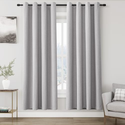 Nanspring 100% Blackout Linen Curtains for Bedroom Thermal Insulated Grommet Complete Blackout Drapes 72 Inch Length 2 Panels Set Heat and Full Light Blocking Living Room Darkening Curtain Light Grey