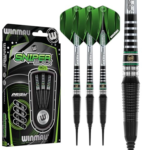 WINMAU Darts - Sniper Black 18g Barrel / 20g Full Weight Soft Tip- Professional 90% Tungsten Darts Set with Dart Flights and Dart Stems (Shafts)