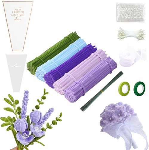 FINEVERNEK 250 Pièces Fil Chenille Bouquet de Tulipes, Cure Pipe Chenille Multicolores, avec Floratape et Tige Fleur Artificielle, Adapté aux Fournitures de Bouquet de Fleurs et de Décoration DIY