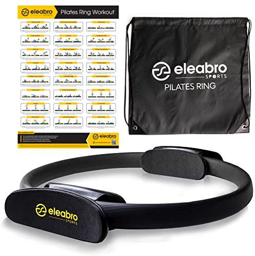 eleabro Sports 14 inch Pilates Ring Circle - Magic Circle Pilates Ring with A1 Size Workout Poster, Yoga Ring Fitness Ring with Soft Handles, Inner Thigh Exercise Equipment for Home Workouts - (Black)