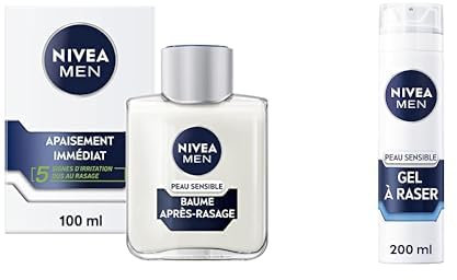 Lot NIVEA MEN Peau Sensible Baume Après-Rasage (1 x 100 ml) + Gel à Raser (1 x 200 ml), crème de rasage enrichie en camomille et en hamamélis, soin rasage 0% alcool pour homme à la peau sensible