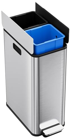 GarveeHome 14.8 gal Dual Compartment Step Trash Can, Stainless Steel Kitchen Bin with Butterfly Lid & Foot Pedal, 2x7.4 gal Removable Buckets for Easy Waste and Recycling, Silver