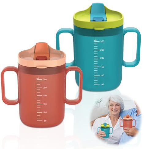 GOEDCH Gobelet à bec seniors : 2 pièces 300 ml Gobelet anti-fuite avec double poignée et paille, 300 ml gobelets anti-fuite pour personnes âgées, gobelets avec couvercle pour personnes âgées et
