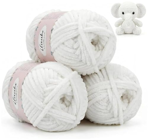 ilauke Lot de 3 pelotes de laine chenille de 100 g pour crochet, blanc doux, fil chenille pour fil à crochet