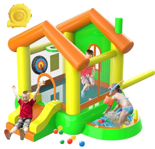 Castillo Inflable con Ventilador para niños de 3 a 10 años, colchón de Salto para Interior y Exterior, paraíso Infantil con tobogán y Red de Seguridad, tamaño 279 x 317 x 221 cm