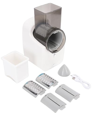KELFEEAO Rallador De Queso Eléctrico, Cortadora De Verduras Eléctrica Automática, Picadora, Ensaladora Recargable con 4 Accesorios para Quesos, Frutas, Verduras