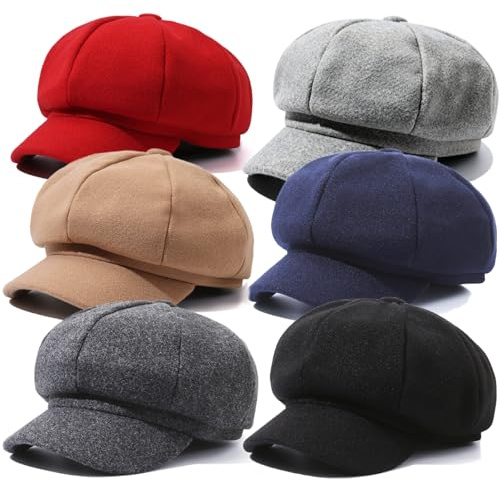 6 Pieces Women Newsboy Cap Warm Wool Visor Beret Hats Octagonal Cap Soft Newsboy Hats for Women Vintage Cabbie Paperboy Hat for Women Girls Baker Boy Hat(Classic Color) Black