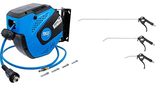 BGS 3297 | Druckluftschlauch mit Aufroller | automatisch | 10 m + 1,5 m Zuleitung & BGS Diy 3294 | Druckluft-Ausblaspistolen-Satz | 3-tlg. | 110/300 / 500 mm | Druckluftpistole/Ausblaspistole
