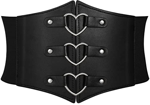 JKEEMI Women Corset Belt Metal O-Ring Heart-Ring Wide Elastic Waspie Waist Belt for Daily Cosplay Halloween Costumes
