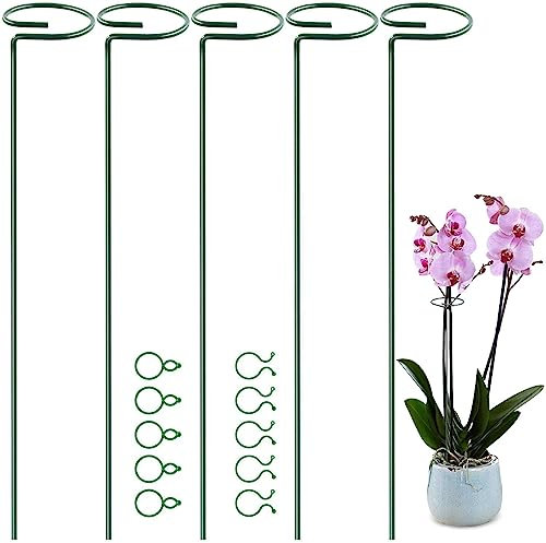 OMATSBEH 5 Pack 35 inch 90 cm Plant Support Stakes, Garden Single Stem Support Stake Amaryllis Plant Support Rings with 10 pcs Plant Clips for Tomatoes Orchid Lily Peony Flower Stem (90 CM)