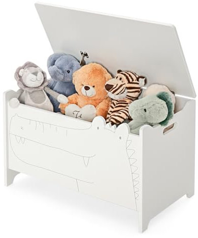 DREAMADE Spielzeugkiste aus Holz, 60x33x37,5cm, Sitzbank für Kinder, Spielzeugtruhe mit Stauraum und Deckel, Kindertruhe, Aufbewahrungsbox für Kinderzimmer (Weiß)