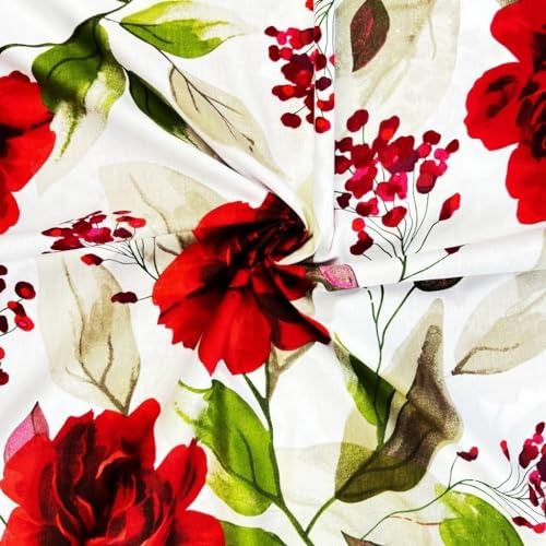 Textrend, tela de algodón, tela para coser, 100% algodón, motivo floral, tela 1x1,6m, tela por metros, patchwork, patchwork (Grandes rosas rojas sobre fondo blanco)