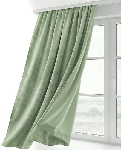 BEAUTEX Cortina de terciopelo con cinta fruncidora en U, opaca, 300 x 245 cm (ancho 300 cm, alto 245 cm, verde claro)