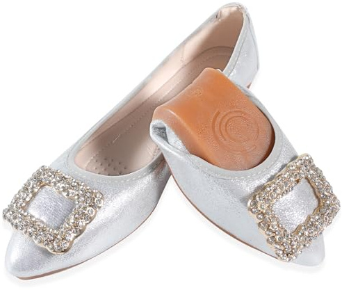 YOUNIFIZ Women's Ballet Flats Soft Pointed Toe Fashion Buckle Wedding Shoes Foldable Sparkly Comfort Slip on Ballerina Walking Flats Pumps (Silver,Size 7)
