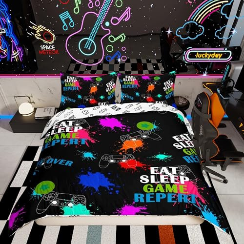 Homemissing Boys Gamer Duvet Cover Set Single Size For Kids Girls Teen Gaming Bedding Set Multi-color Gameped Controller Duvet Cover with 1 Pillowcase Eat Sleep Game Repeat Design Gamer Bedding