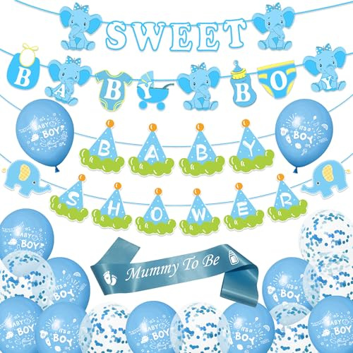 Ballons décoratifs pour fête prénatale garçon – Guirlande d'éléphant bleu avec guirlande de confettis pour future maman (éléphant bleu décoration de fête prénatale)