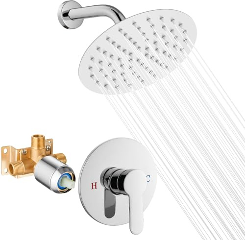 Duschsystem, huvud-enkelfunktions-trimningssats, kranset, väggmontering, 20,3 cm, rund, regn- och handtagsset, ett handtags-set med yttre gängventil, krompolering