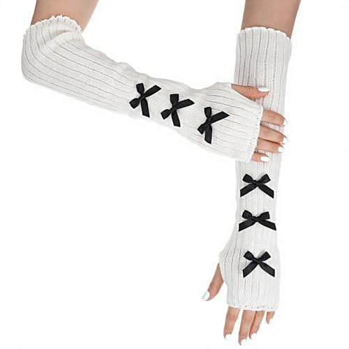 APLZGMG Black Knitted Arm Warmers, Long-Sleeve Kawaii Gloves, Fashionable Y2k Accessories with White Bow, Gothic Punk Harajuku Lolita Style Fingerless Mittens for Women Girl