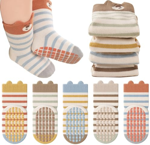 QIYIENDIAN Calcetines Antideslizantes de Algodón 5 pares calcetines para Bebé Niño Niña（Striped bear，1-3Y